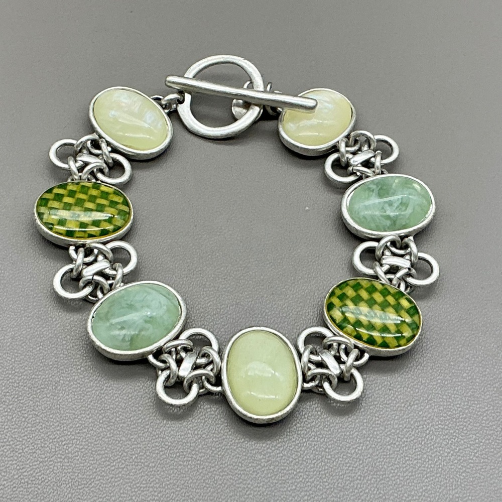 Liz Claiborne Bracelet Women Green Silver Tone Oval Stone Checkered Toggle Link
